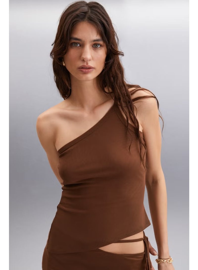 GRIMELANGE Pascale Women's Polyester Asymmetric Collar Slim Brown Blouse - Image 4